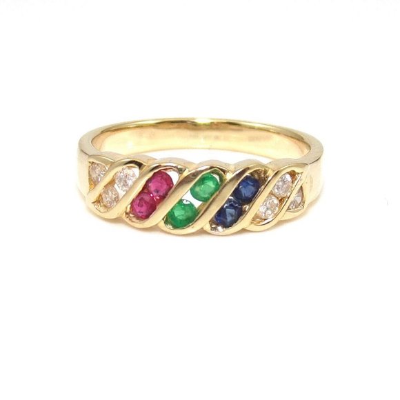 18K Yellow Gold Natural Emerald Ruby Sapphire Diamond Band Ring Size 7